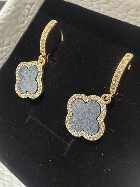 18k Gold Plated Black MarbleClover Drop Earrings with Crystal Halo